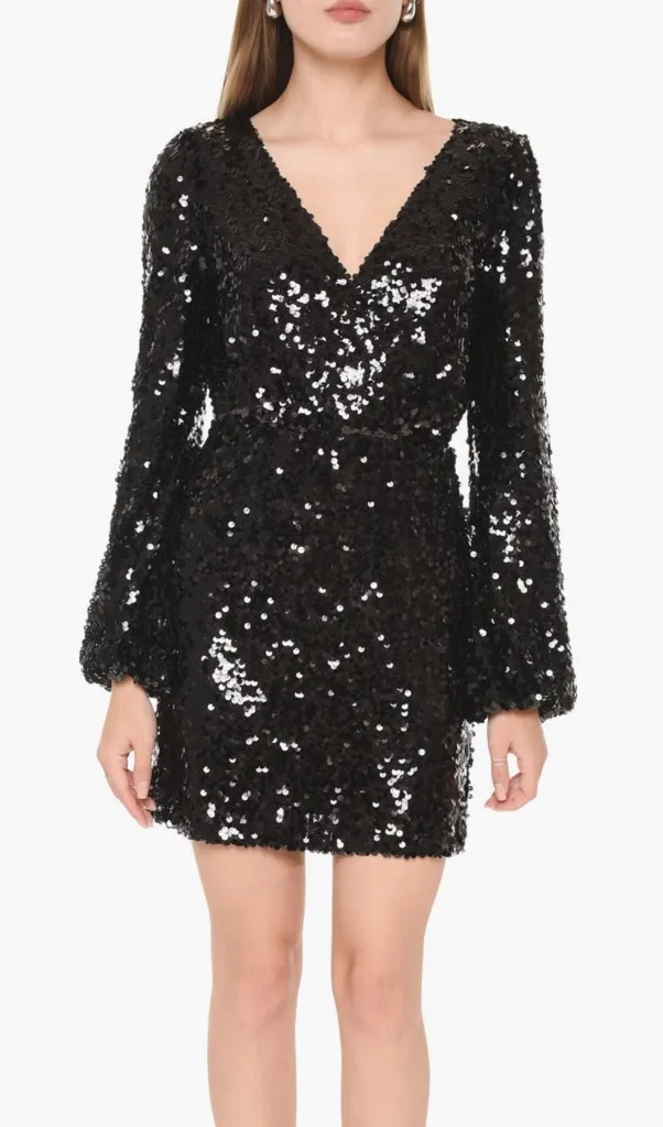 Wayf Black Carrie Long Sleeve Sequin Mini Dress V Neck Lined Size Medium - Image 1