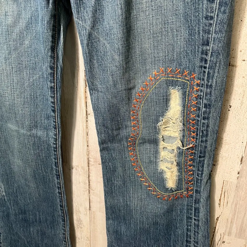 Vintage Y2k July 25 Patchwork‎ Boho Embroidered Distressed Flare Jeans Womens 31 Blue - Image 2