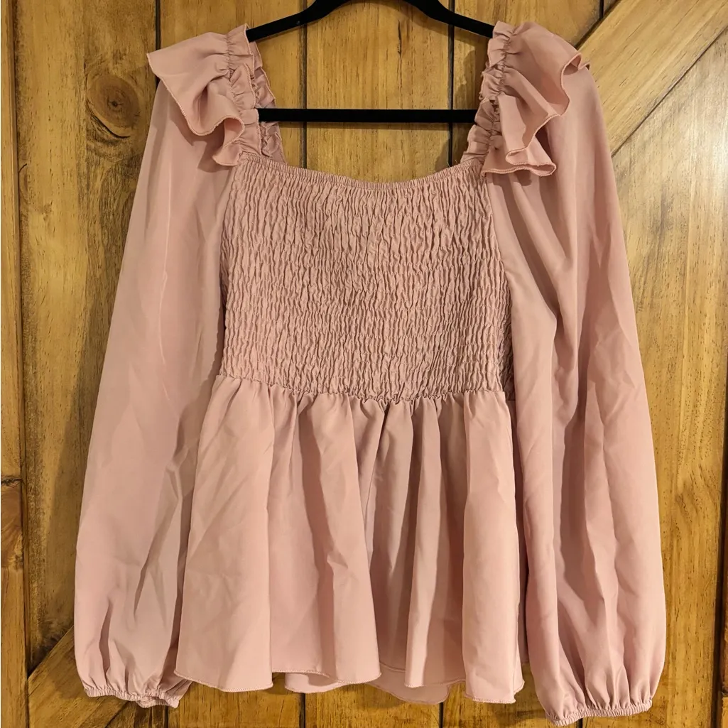 SHEIN Plus Size Peplum Blouse 2X Pink Square Neck Lantern Sleeves - Image 3