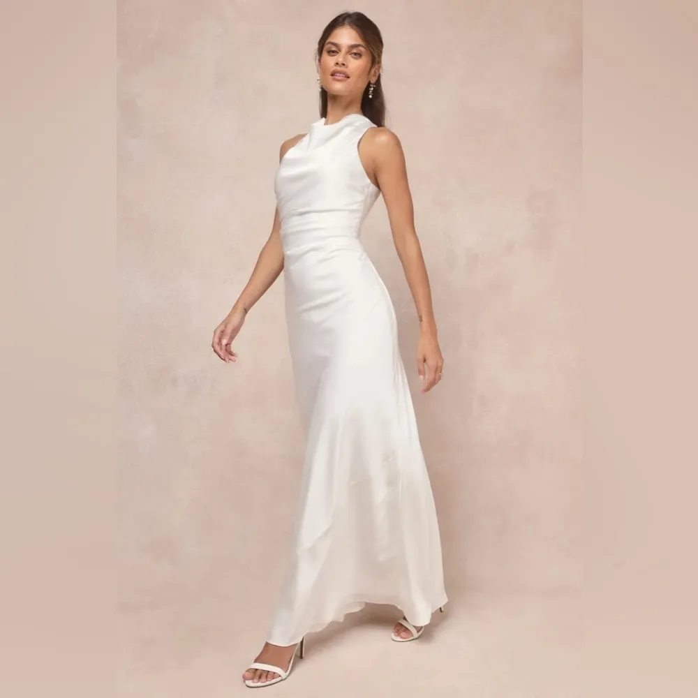 LULU’S Effortlessly Sensational White Satin Backless Maxi Dress - Image 6