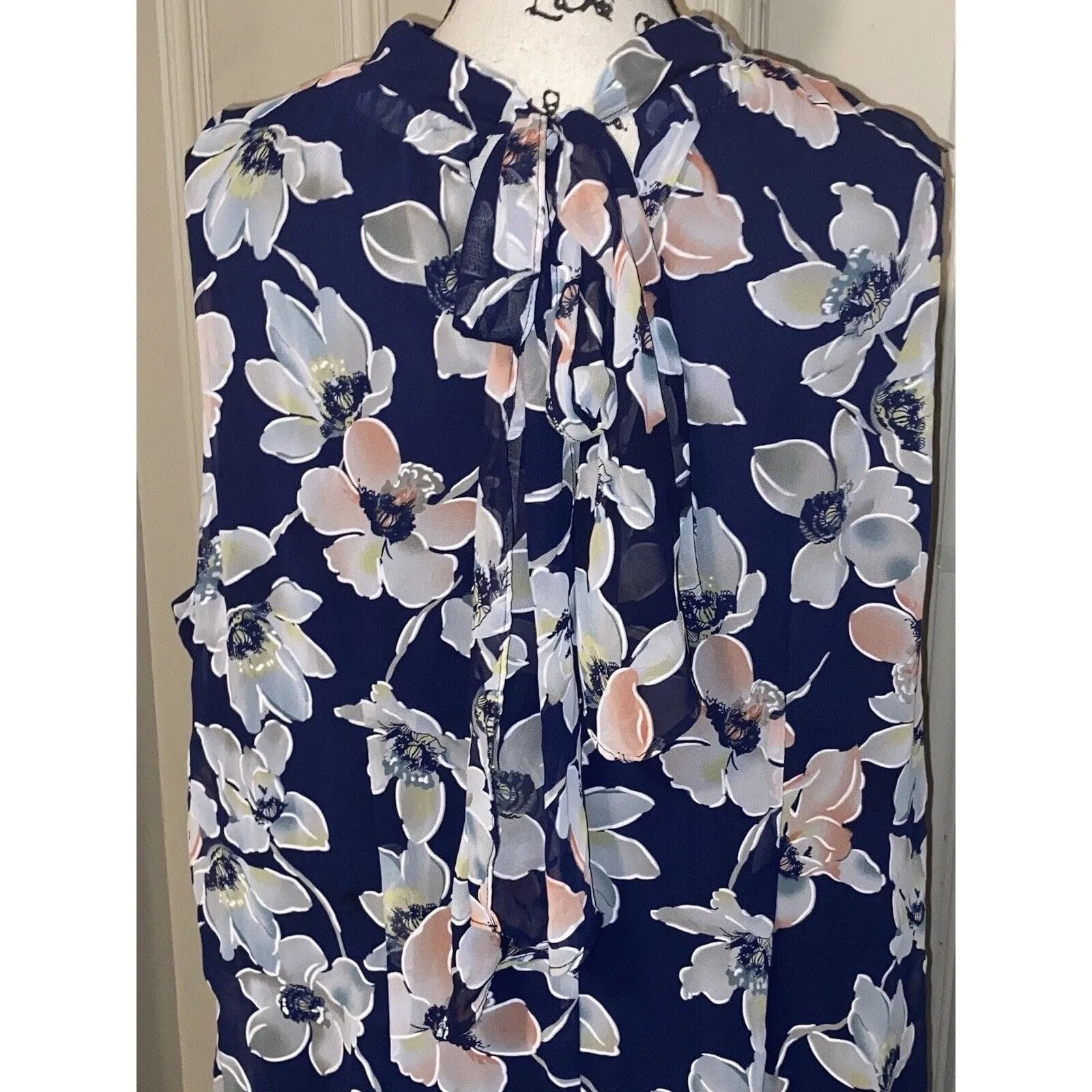 LANE BRYANT Sz 22 Navy Floral Sleeveless High-Neck Back Tie Front Pleated Dress - Image 14