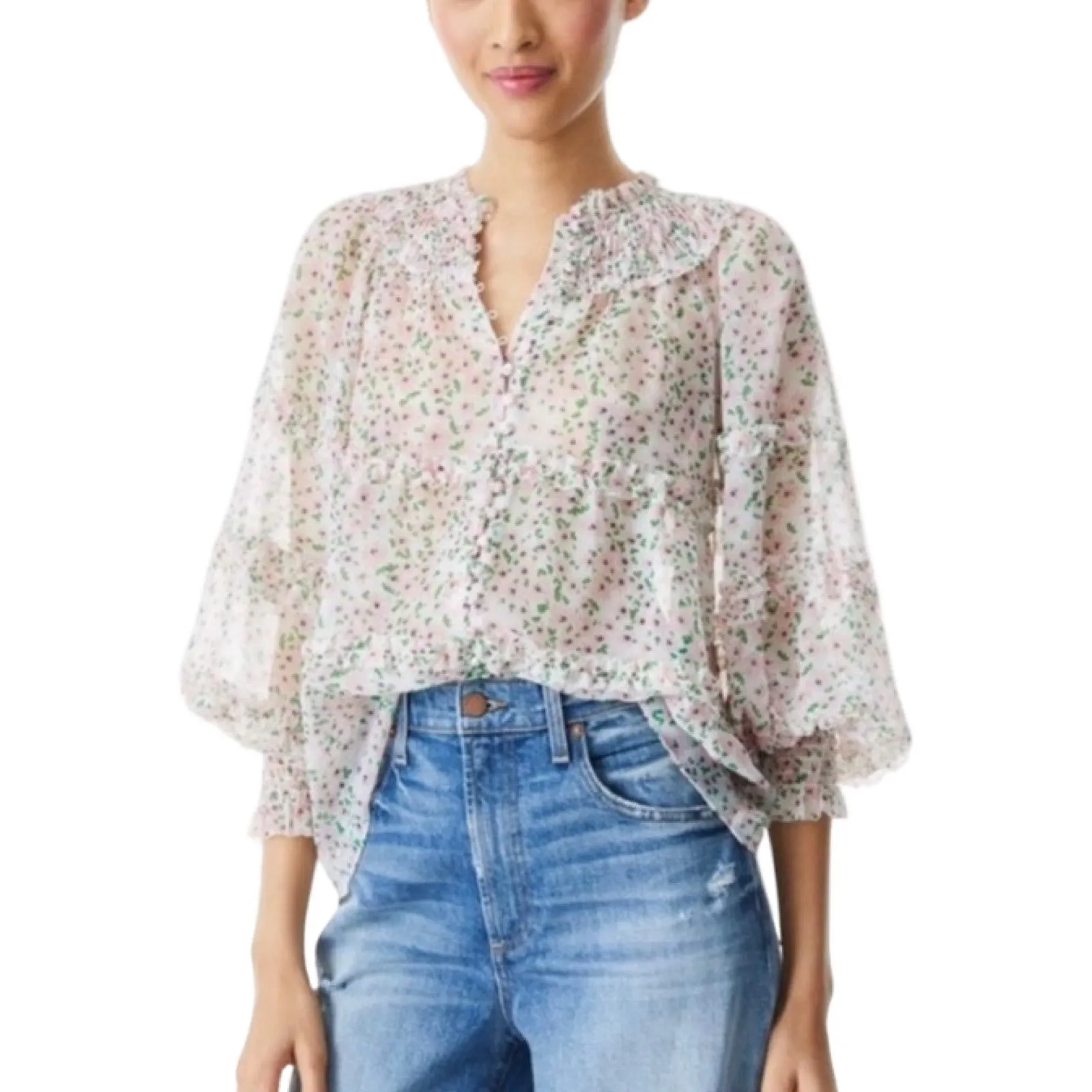 Alice + Olivia Margery Ruffle Tiered Floral Blouse Pink Green Size Large - Image 2