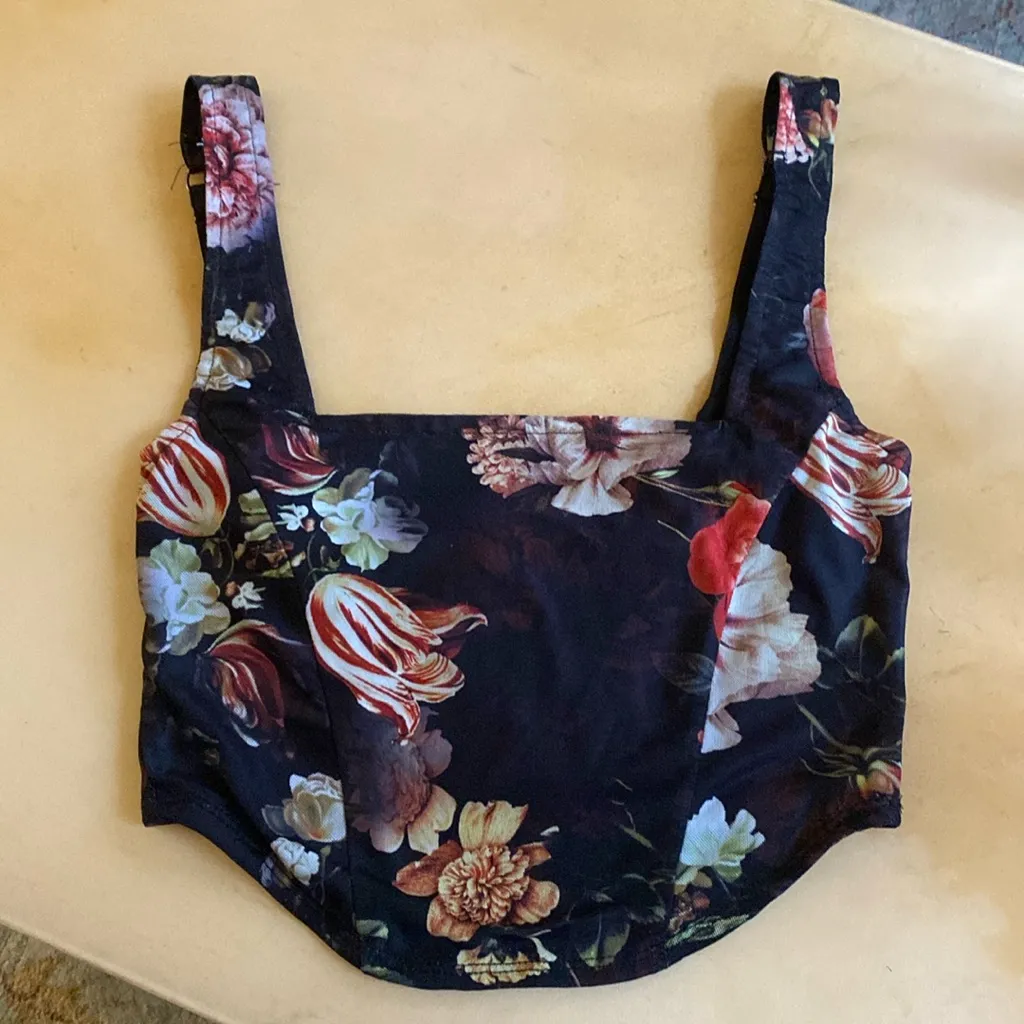 West of Melrose Floral Mesh Stretch Corset Bustier Crop XS Tillys Goth Romantic Black - Image 6