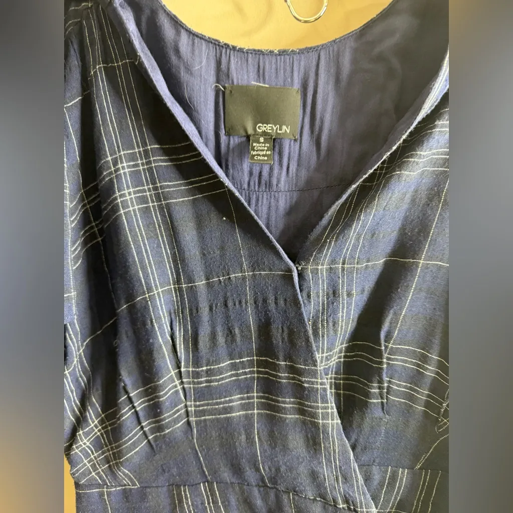 Greylin  Navy Plaid V-Neck romper small - Image 6