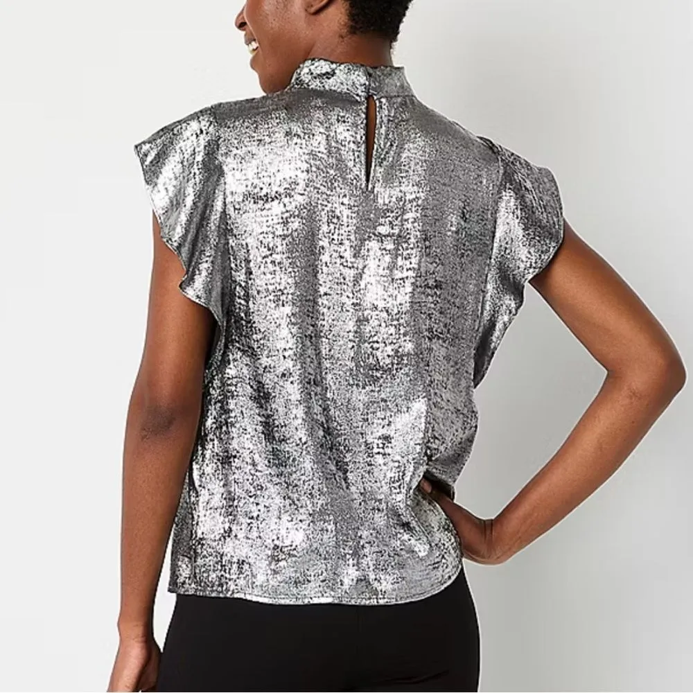 Worthington 0X Shimmering Silver Blouse Keyhole Neck Short Sleeve Satin - Image 12