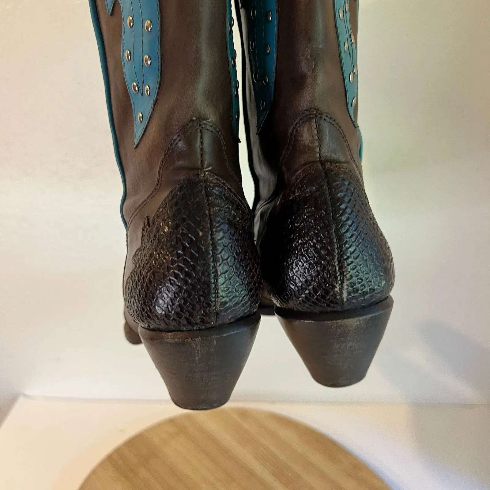 BCBG Y2K Brown Genuine Leather Studded Western Turquoise Boots Size 8.5 - Image 6