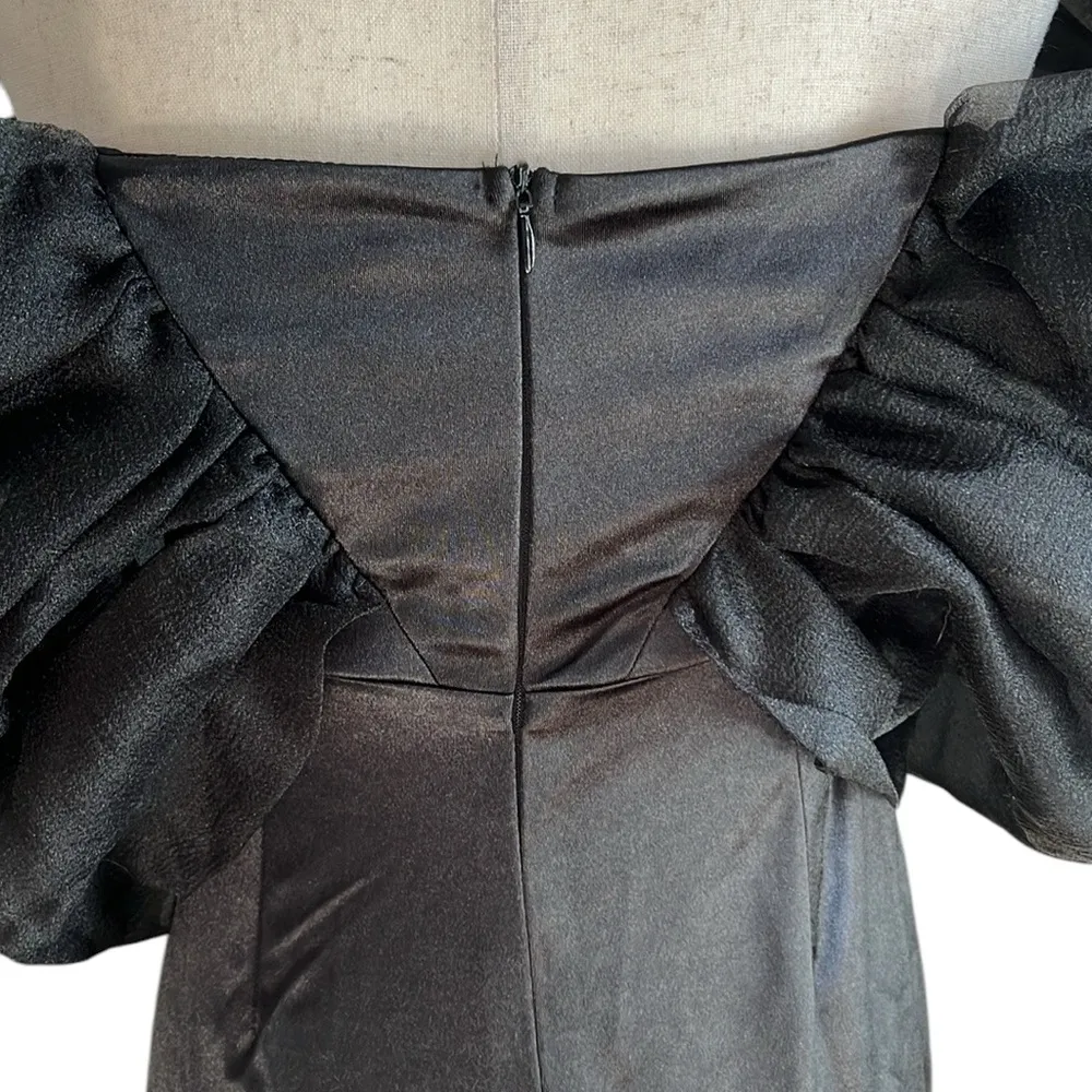 Faeriesty Elegant Off Shoulder Short Sleeve Satin Dress Black - Image 7