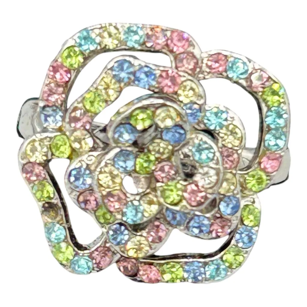Multicolor Crystal Flower Ring Adjustable Magnetic Silver Tone - Image 2