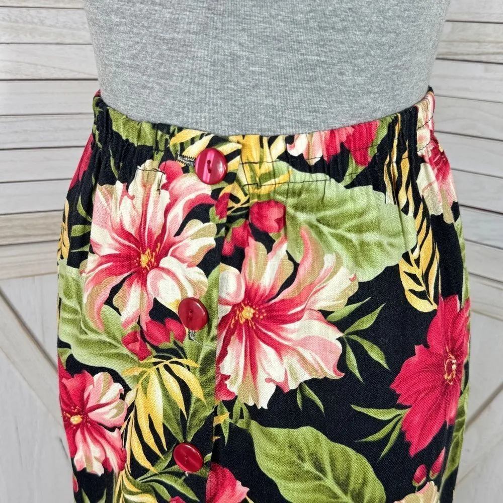 Haggar‎ Vintage Linen Tropical Flower Print Button Front Maxi Skirt Black Pink 8 - Image 5