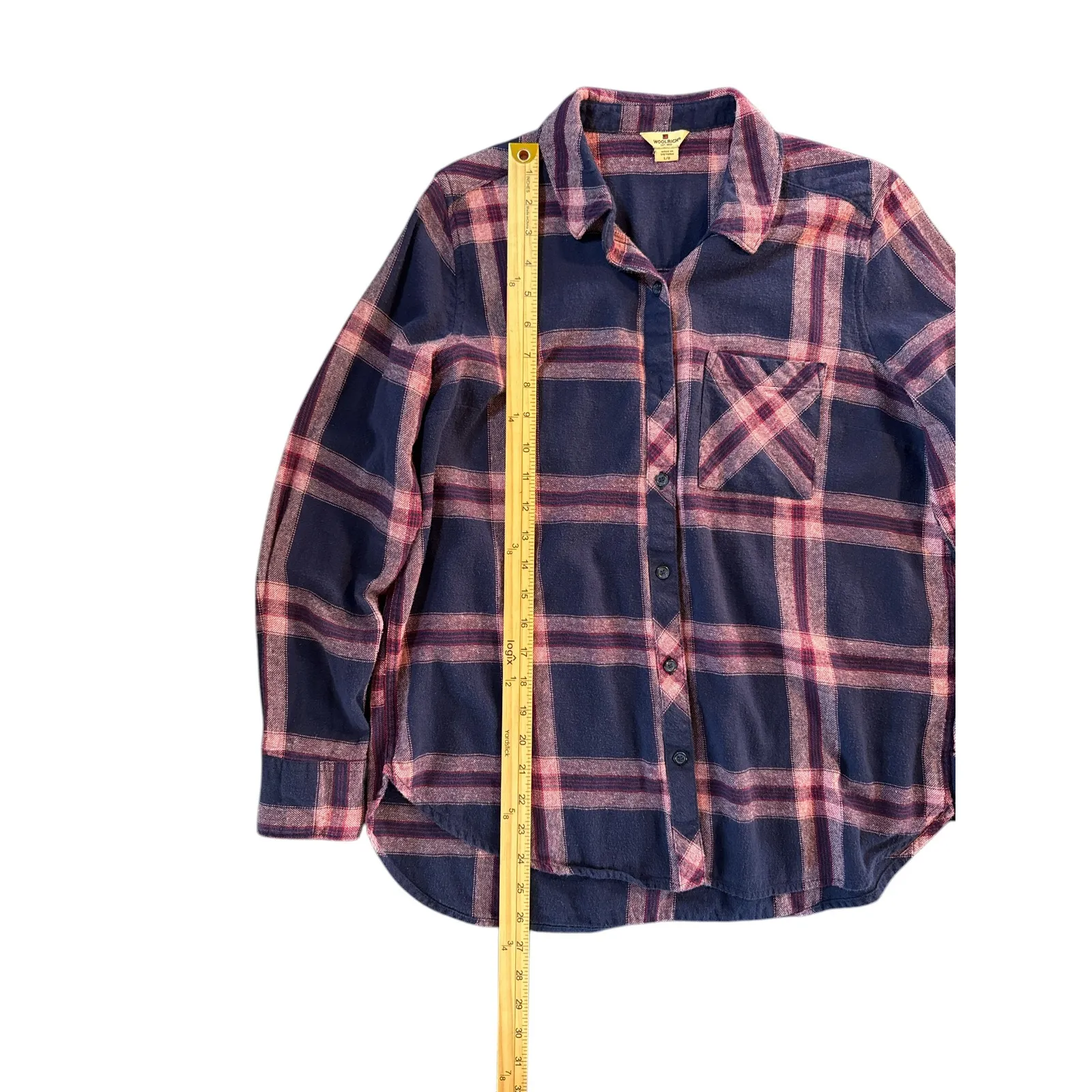 Woolrich Plaid Flannel Button Up Shirt Navy Pink Women's Large L - Image 3