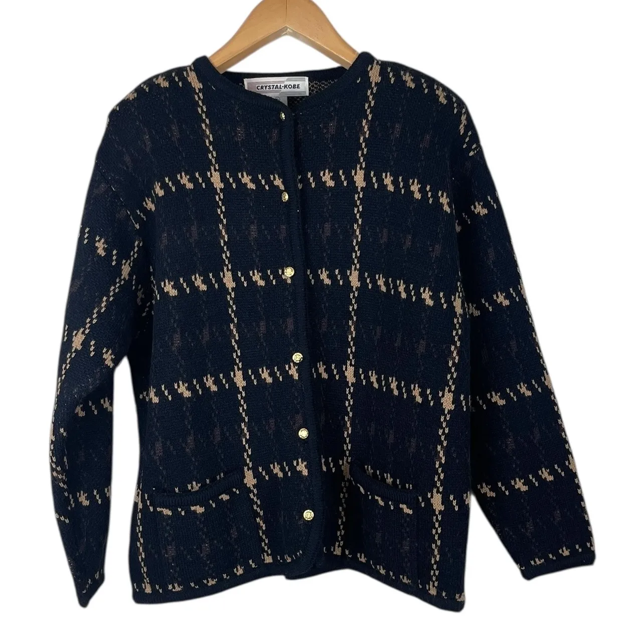 Vintage Crystal Kobe Black & Brown Grid Cardigan Women’s Size XL Preppy Fall - Image 1