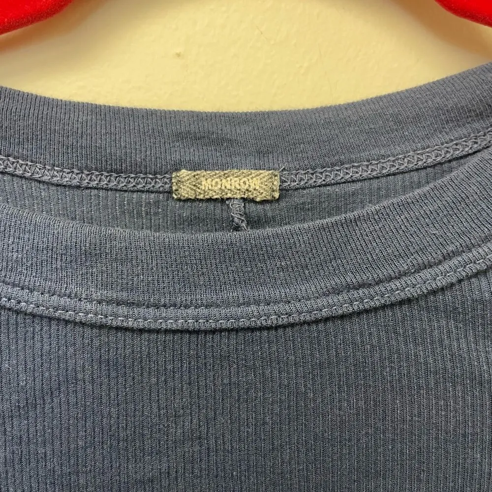 Monrow Navy Blue 3/4 Sleeve Ribbed Semi Sheer Boat Neck Supima Cotton Tee - Image 3