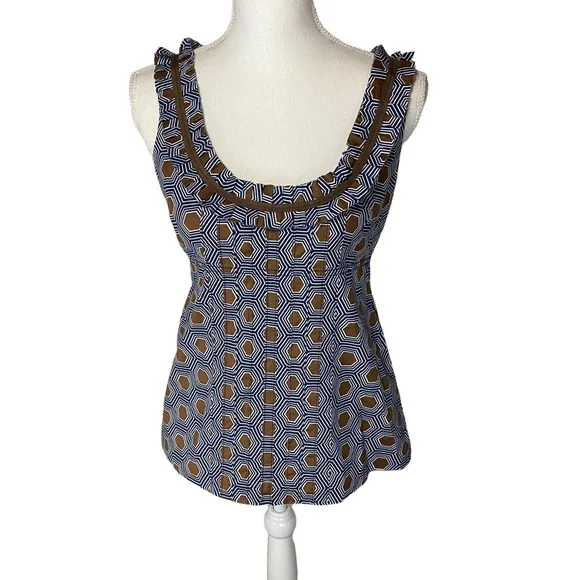 Tory Burch Navy Brown Geometric Print Pleated Tank Blouse 4 - Image 2