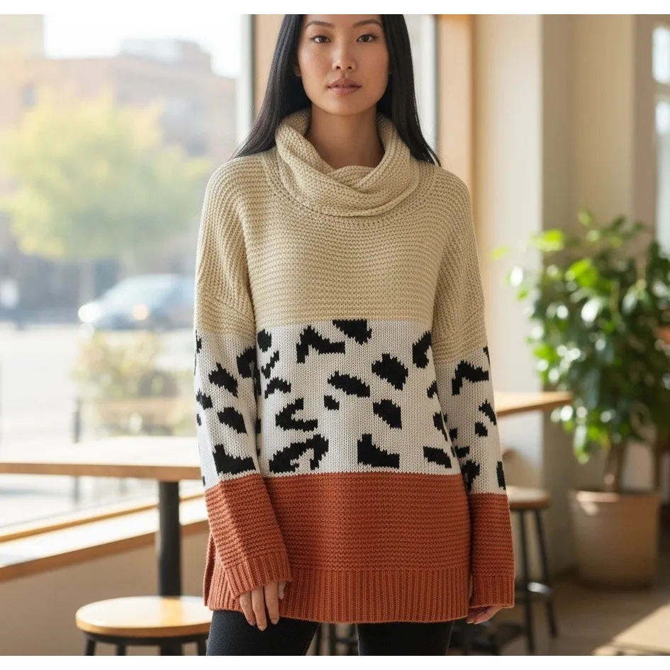 Sweater Cowl Neck SZ LG Multi Knit and Colors Cheetah Chunky Eclectic Aralyn Rae White - Image 2