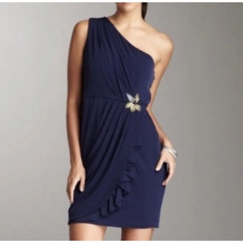 MAX and CLEO embellished DRESS Navy blue SIZE 4 One Shoulder fitted mini - Image 3