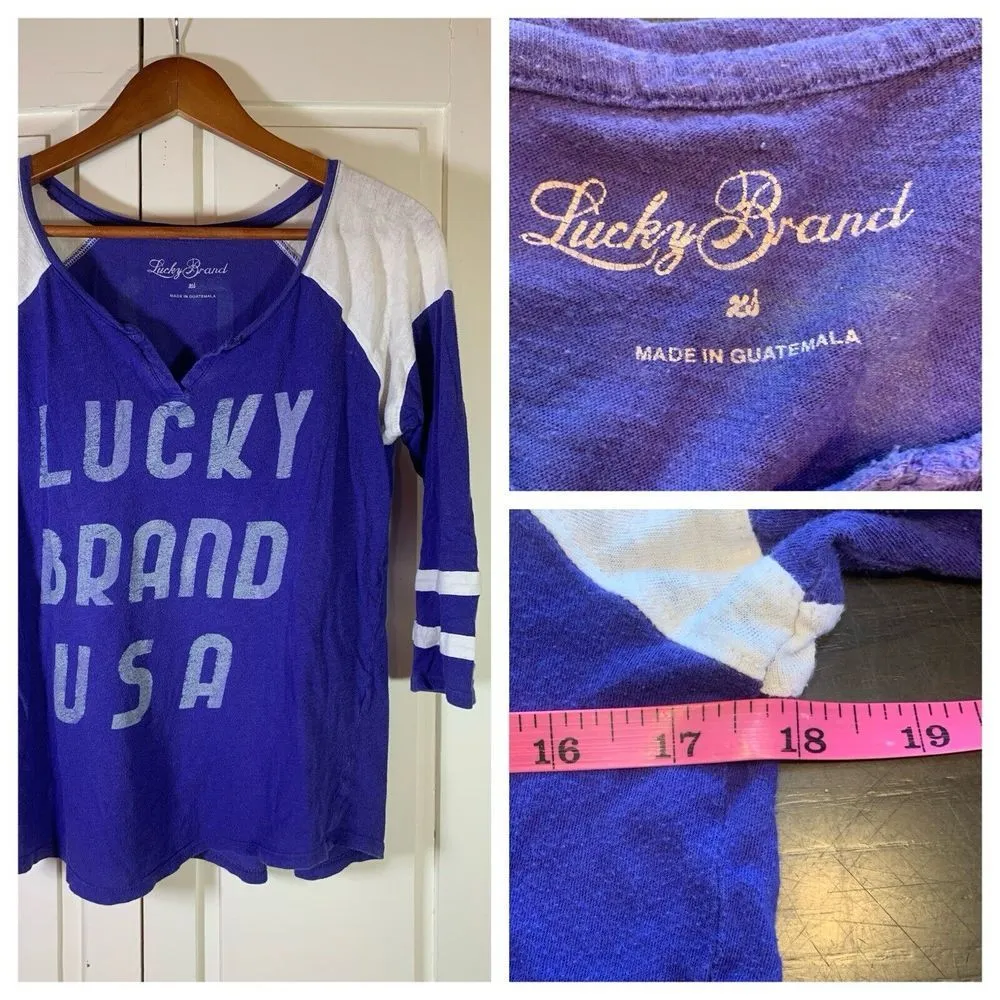 Y2K Lucky Brand Shirt Womens XS Colorblock Purple‎ Sporty 3/4 Sleeve READ - Image 2