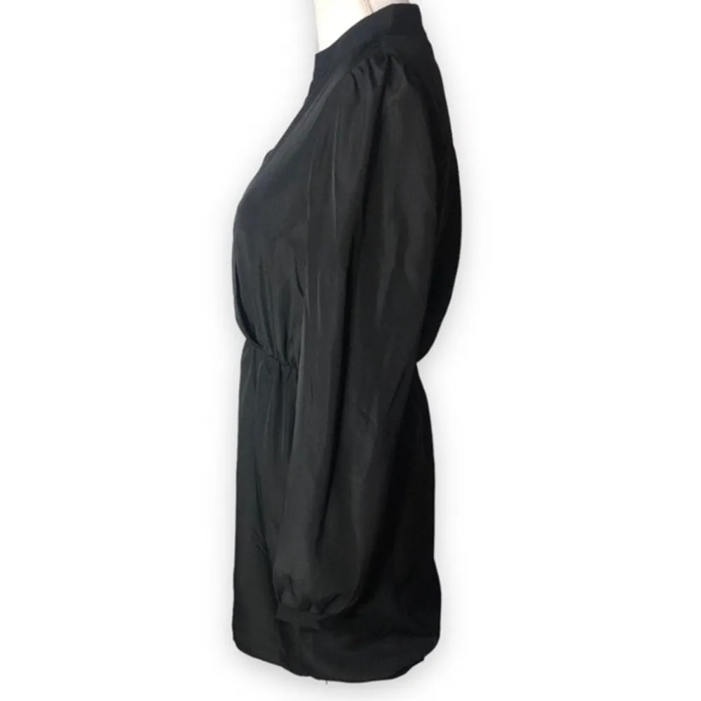 DGNY Black Satin Faux Wrap High Collar Long Sleeve Mini Dress - Image 2