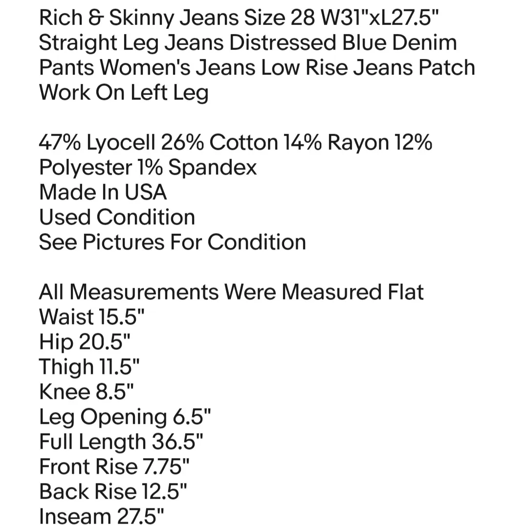 Rich & Skinny Jeans Size 28 W31"xL27.5" Straight Leg Jeans Distressed Blue Denim Pants - Image 2