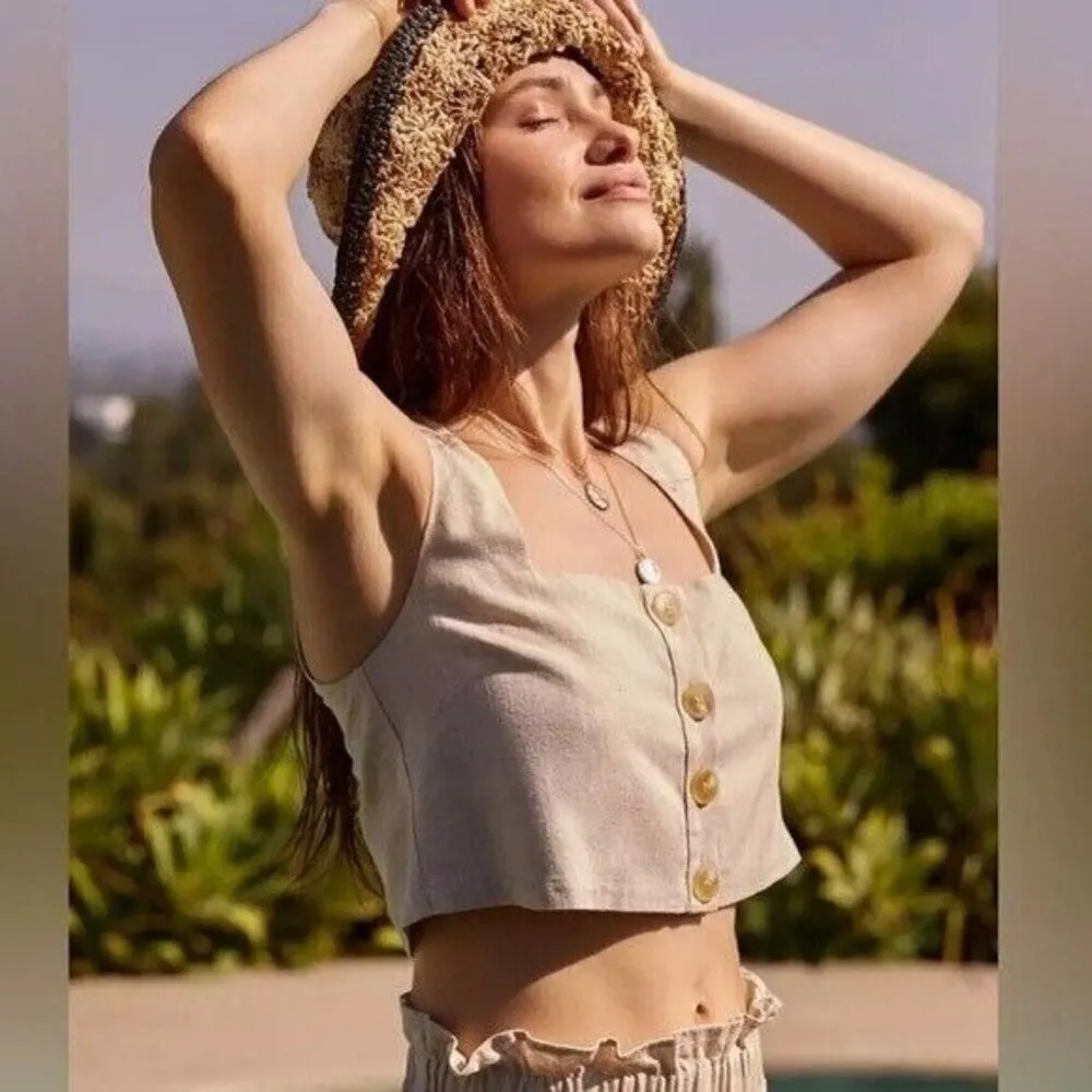 ANTHROPOLOGIE Flat White Square Neck Cropped Linen Blend Top Beige Size XL NEW - Image 2