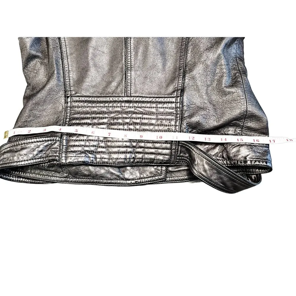 PARKER Moto Metallic Leather Jacket Zipper Collared Pewter Large Fits Small EUC - Image 9