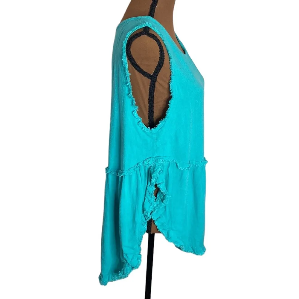 Umgee teal high low ruffled scoop ruffle fringe high low hem linen blend tank L - Image 4