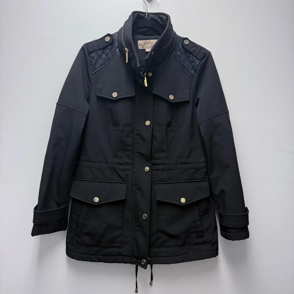 Michael Kors Faux Leather Trim, Zip Front Walker Jacket, Black | Size Medium - Image 2