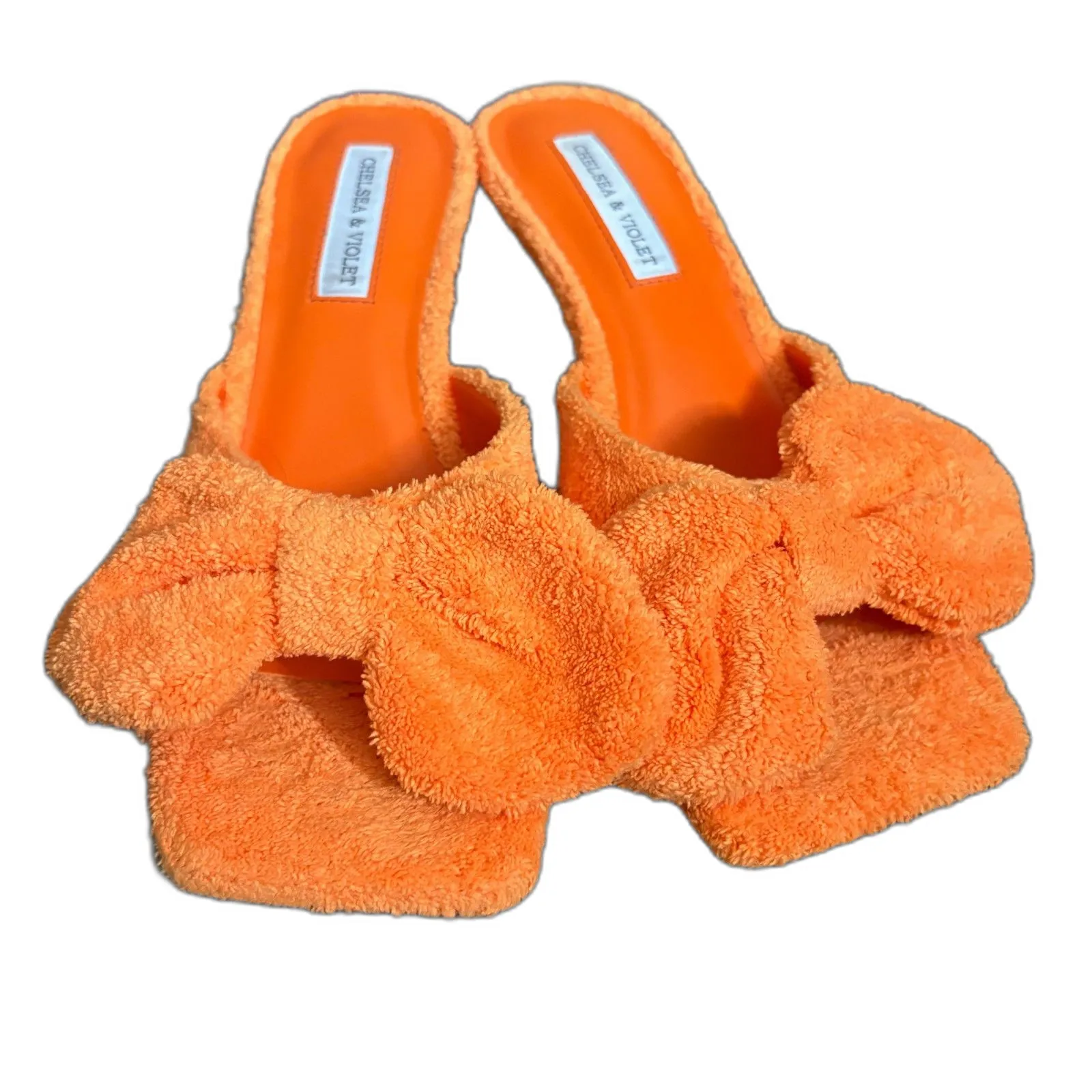 Chelsea & Violet Paris Orange Terry Cloth‎ Bow Heel Sandals Square Toe Size 7.5 - Image 2