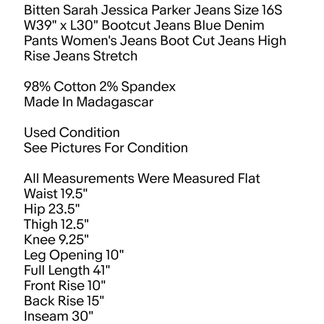 Bitten Sarah Jessica Parker Jeans Size 16S W39" x L30" Bootcut Jeans Blue Denim Pants  - Image 2