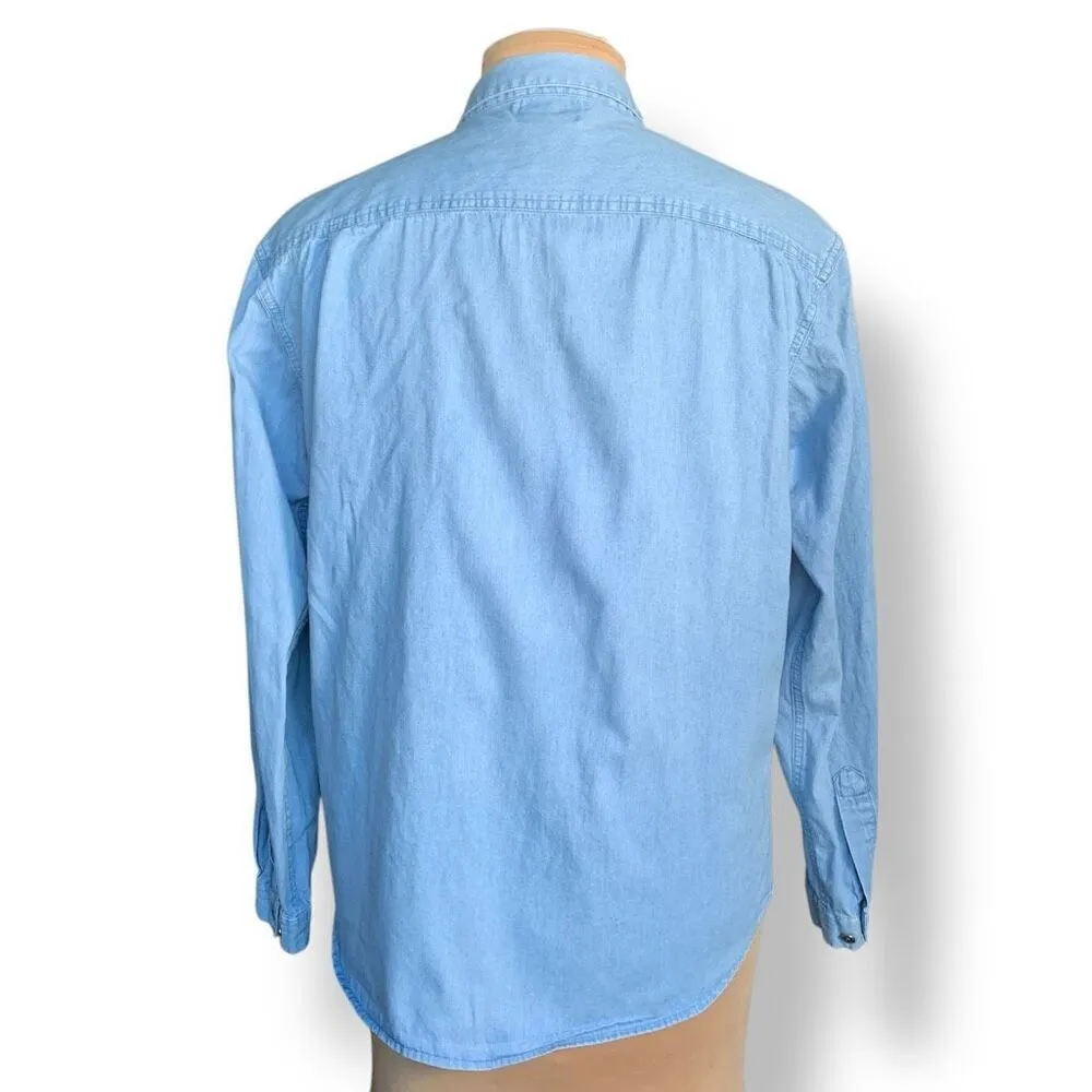 Vintage 90s Embroidered Chambray Denim Shirt Button Down Floral Long Sleeve Blue Size M - Image 8