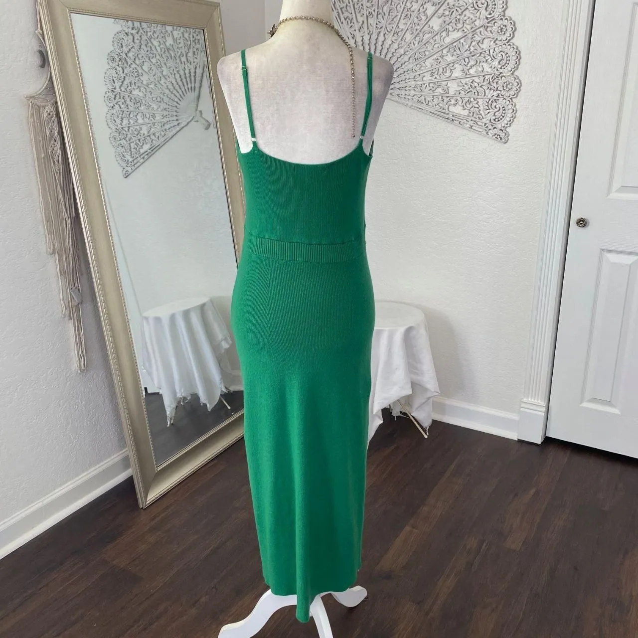 Lalavon Soft Bright Green Preppy Coquette Ribbed Bodycon Maxi Midi Dress L Size L - Image 5
