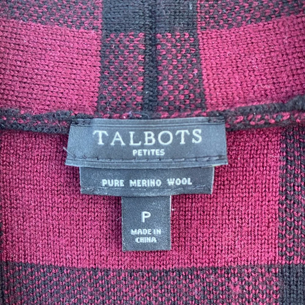 Talbots petites Marino wool buffalo plaid cardigan winter black purple - Image 3