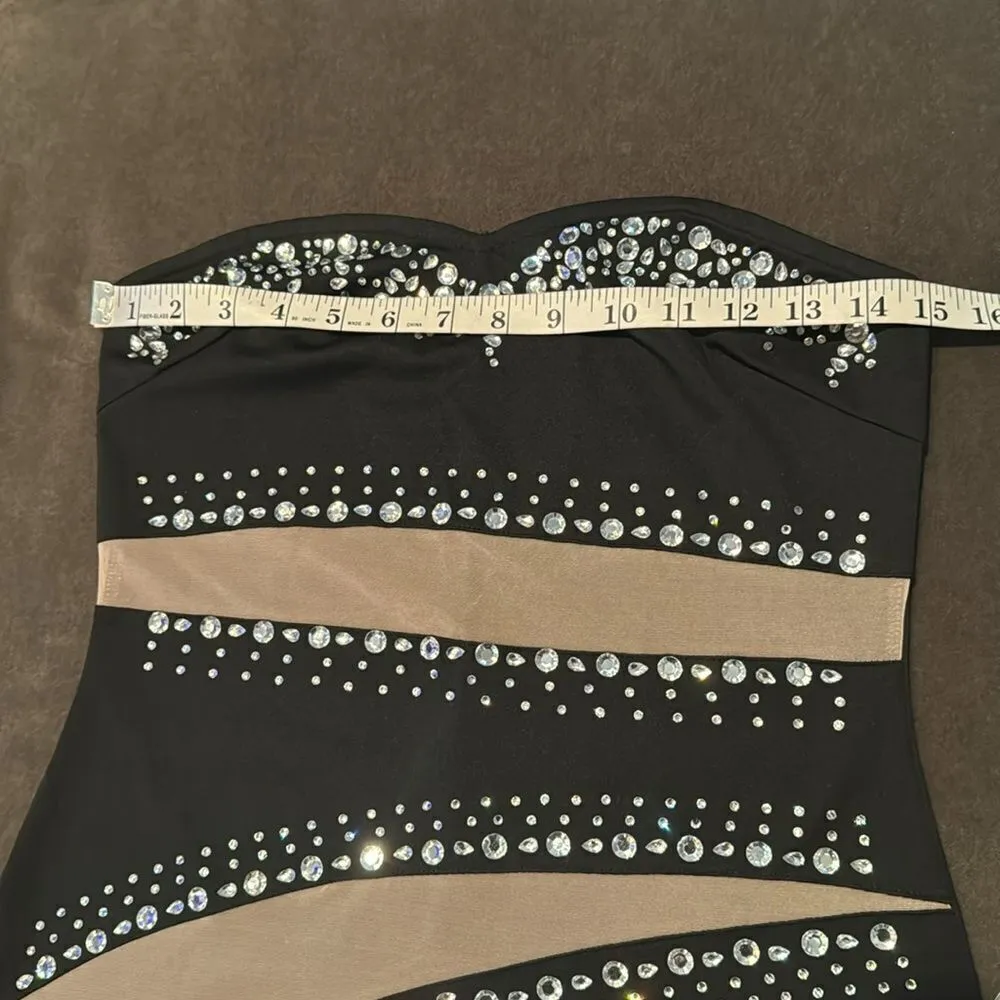 Women’s Strapless Mesh Paneled BodyCon Dress Silver Rhinestone Detail Size M NEW Black Size M - Image 9