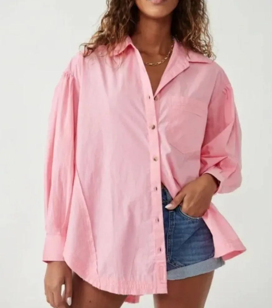 NWOT FREE PEOPLE Freya Poplin Tunic Button Down Blouse Pink - Image 8