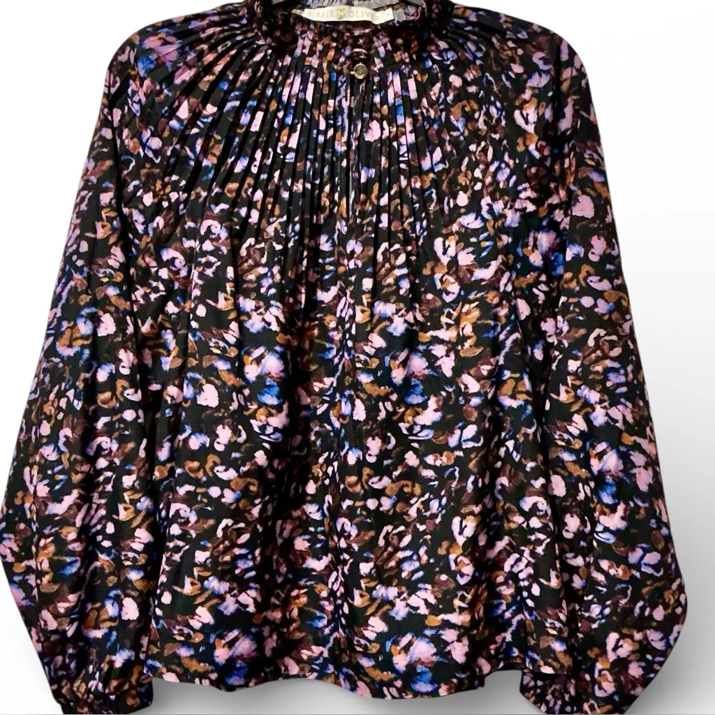 New Marie Oliver Arden Pleated Ruffle Neck Long Balloon Sleeve Blouse Size M - Image 2