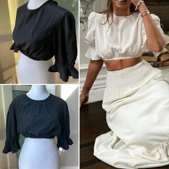 WeWoreWhat Black Cotton Poplin Ruffle Sleeve Cropped Top Size M - Image 2