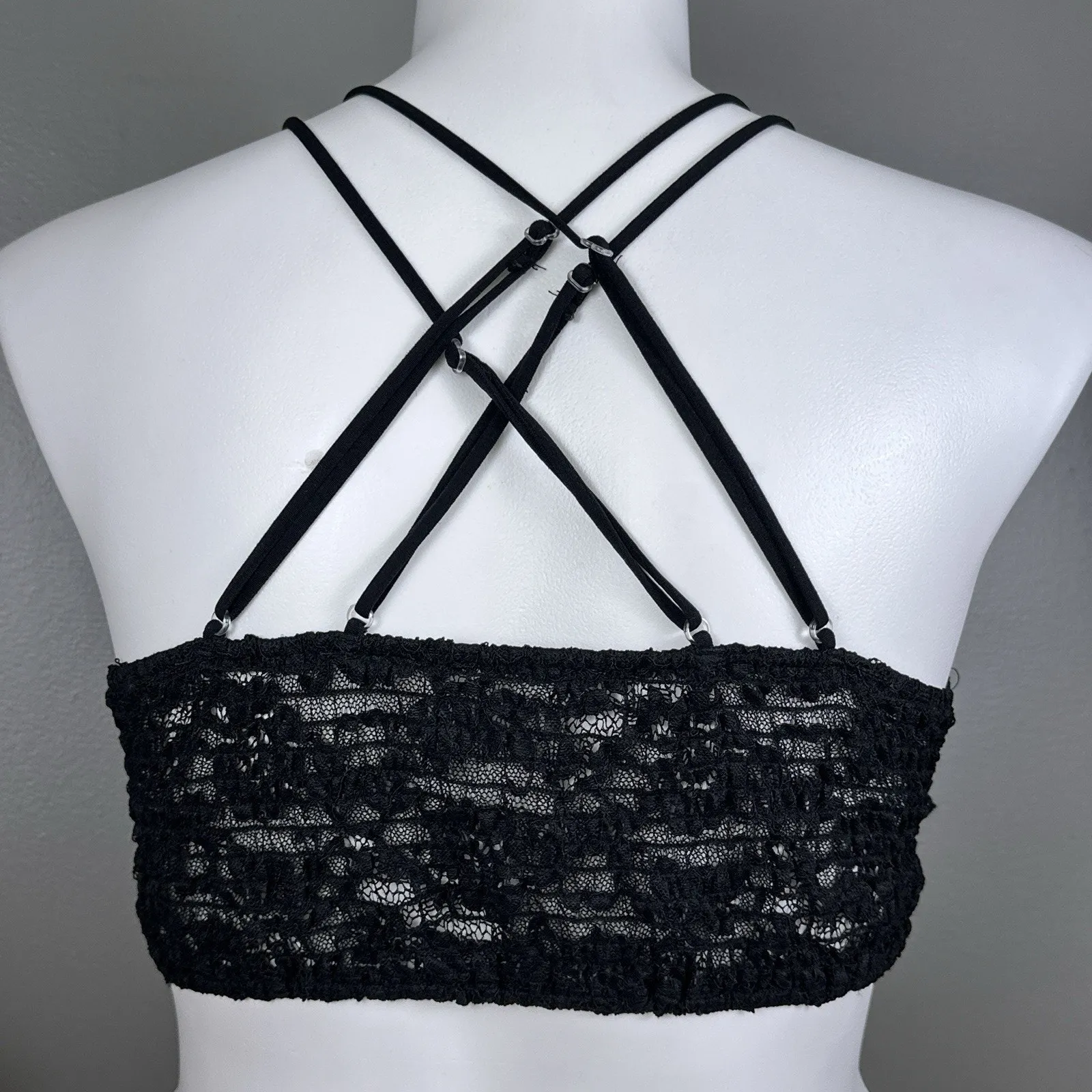 Crochet Daisy Lace Bralette Black Plus Size 1XL Stretchy Crossback Multi - Image 4
