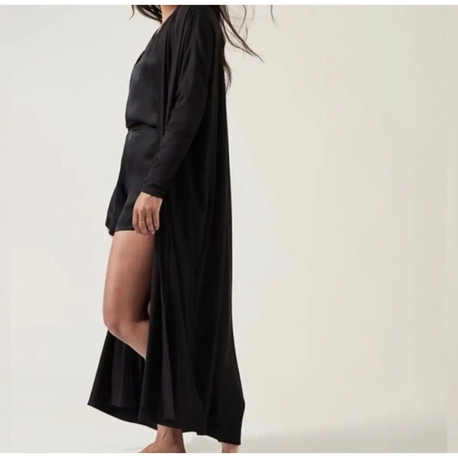 Athleta Modal Robe Black XXS Long Cardigan Sleep Pajama Womens Retail $129 - Image 3
