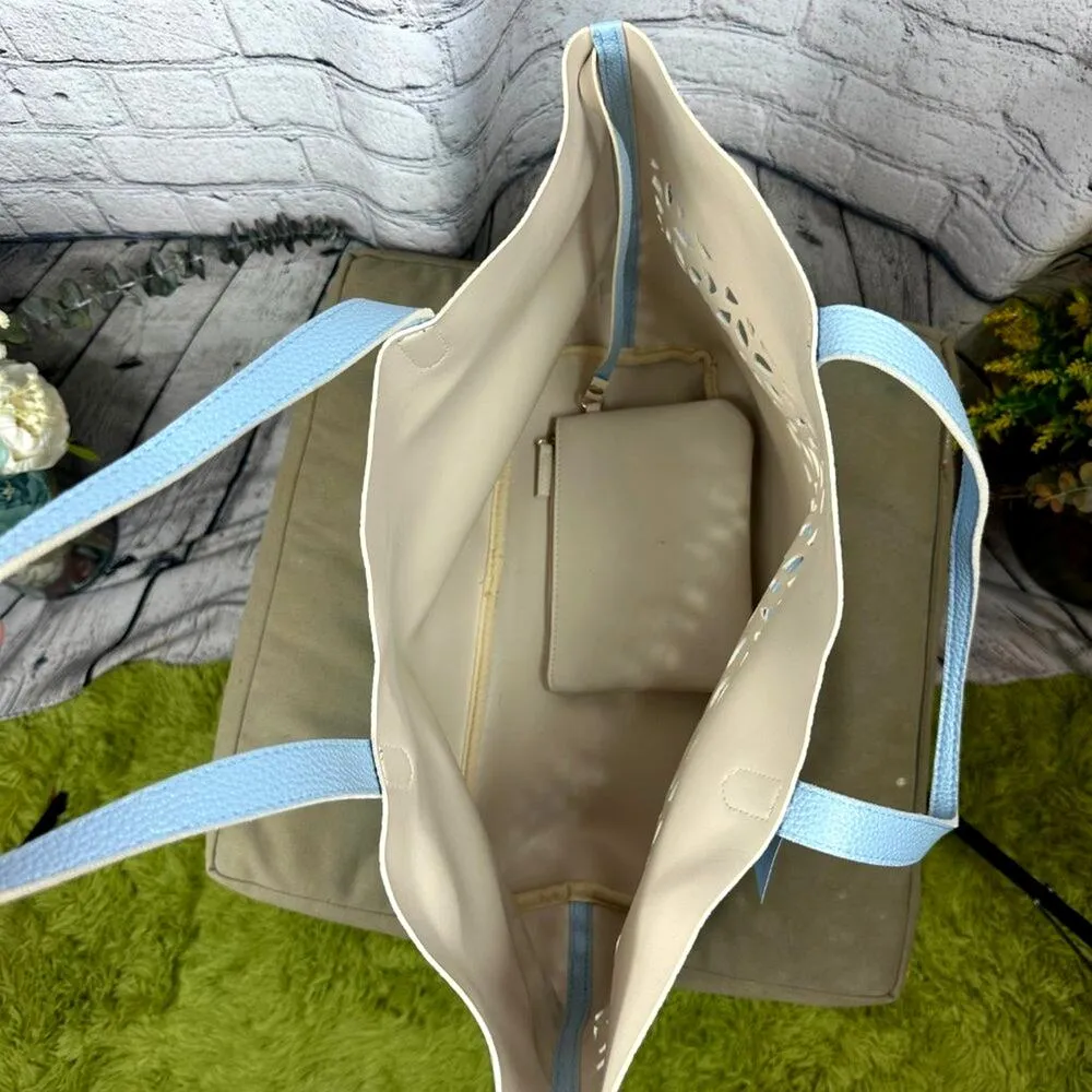 Laser Cut Light Blue Faux Pebble Leather Tote Bag with pouch - Image 6