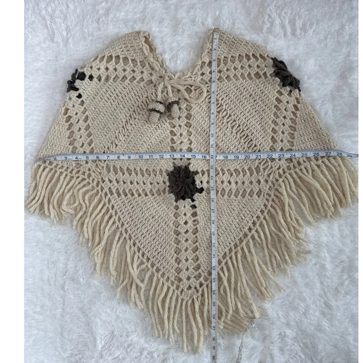 Vintage 1970s Handmade Crochet Poncho with Mushroom Tassel Ties & Fringe S - Image 11