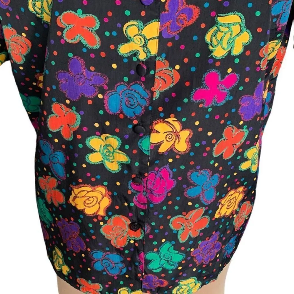 Vintage 90s Shirt Black Rainbow Dark Floral Abstract Art To Wear Button Up 14 - Image 4