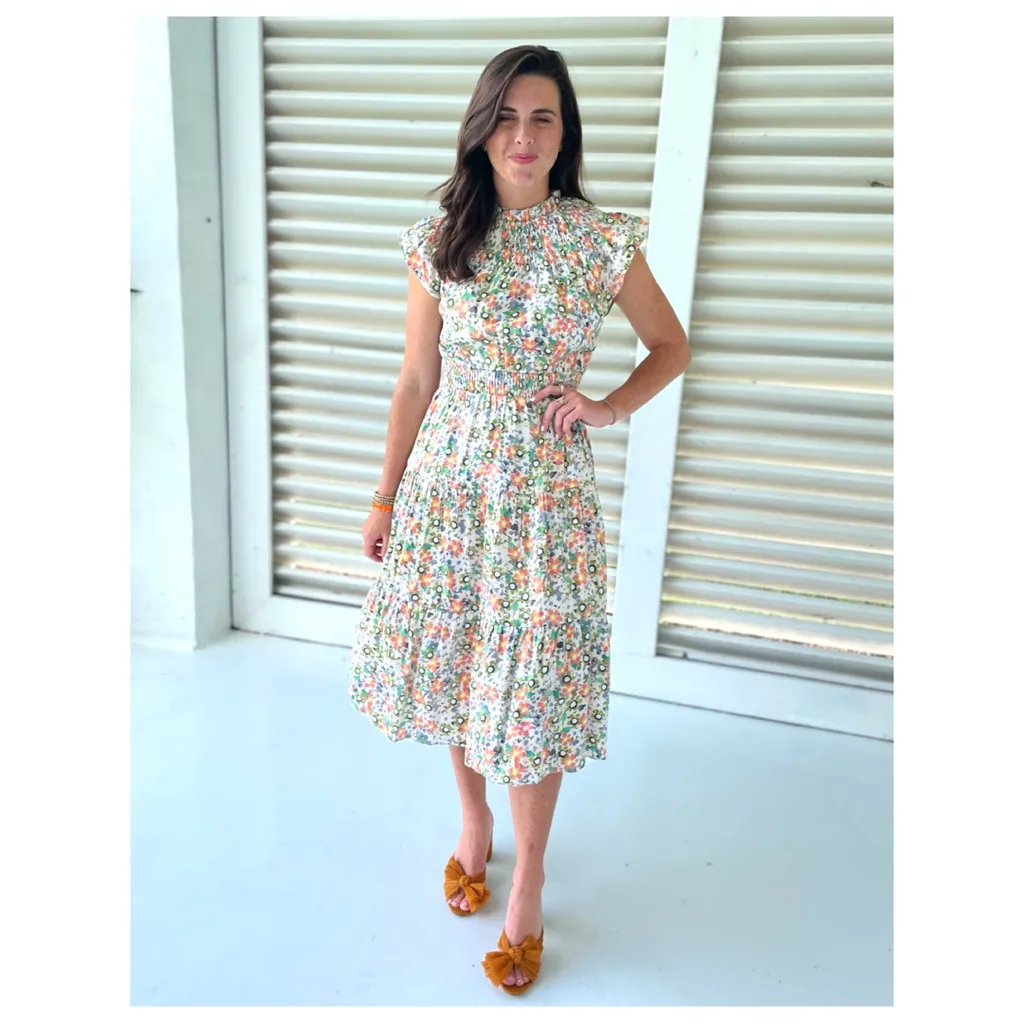 Moodie Metallic Shimmer Floral Smocked Prianna Dress Red Size M - Image 4