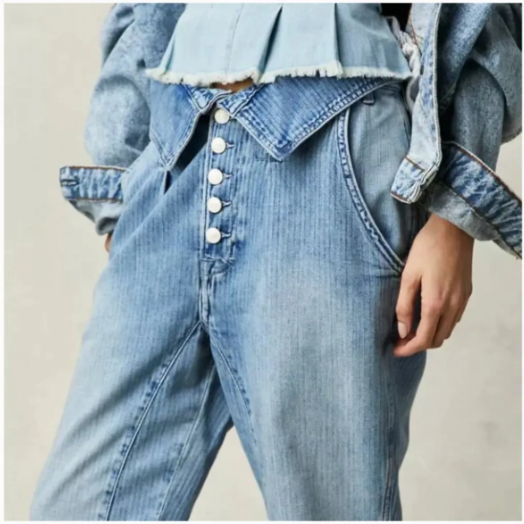 Free People We The Free Noah Foldover Harem Jeans Light Blue Denim Women M Boho - Image 12