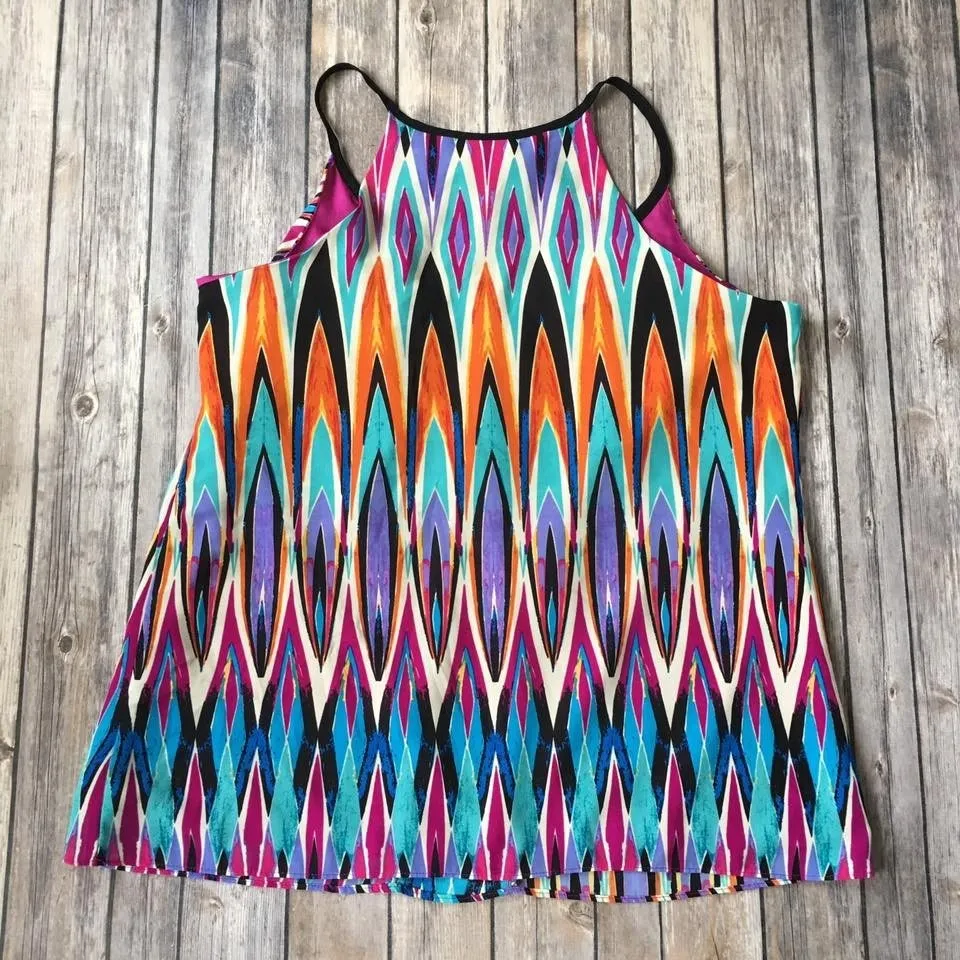 Y2K Sleeveless Tank Top L 12 14 Nicole Miller Ruffled V Neck Colorful Bold Print - Image 3