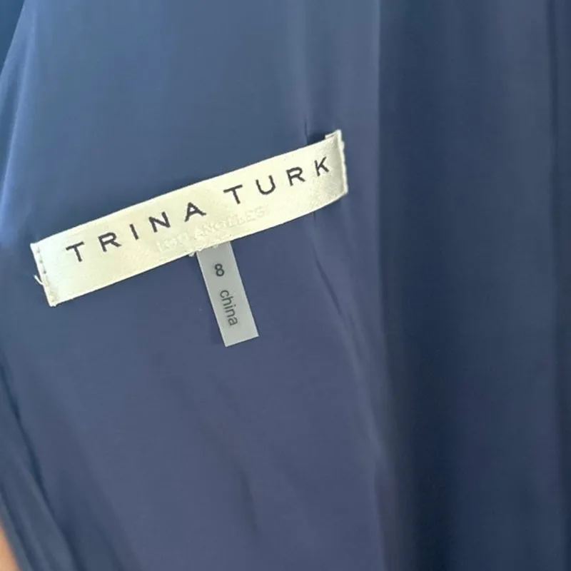 Trina Turk Navy Blue Satin Short Sleeve Wide Leg Open Back Jumpsuit - Image 8