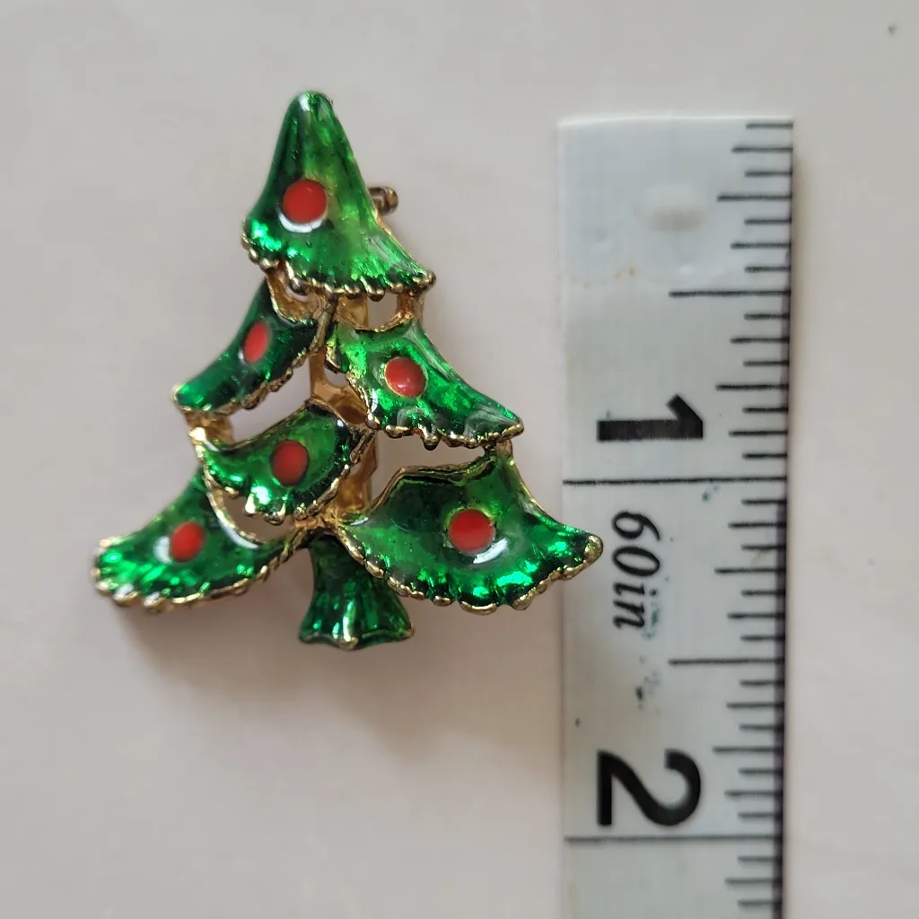Vintage Christmas Tree Pin Brooch Green Red Enamel Holiday Costume Jewelry - Image 4