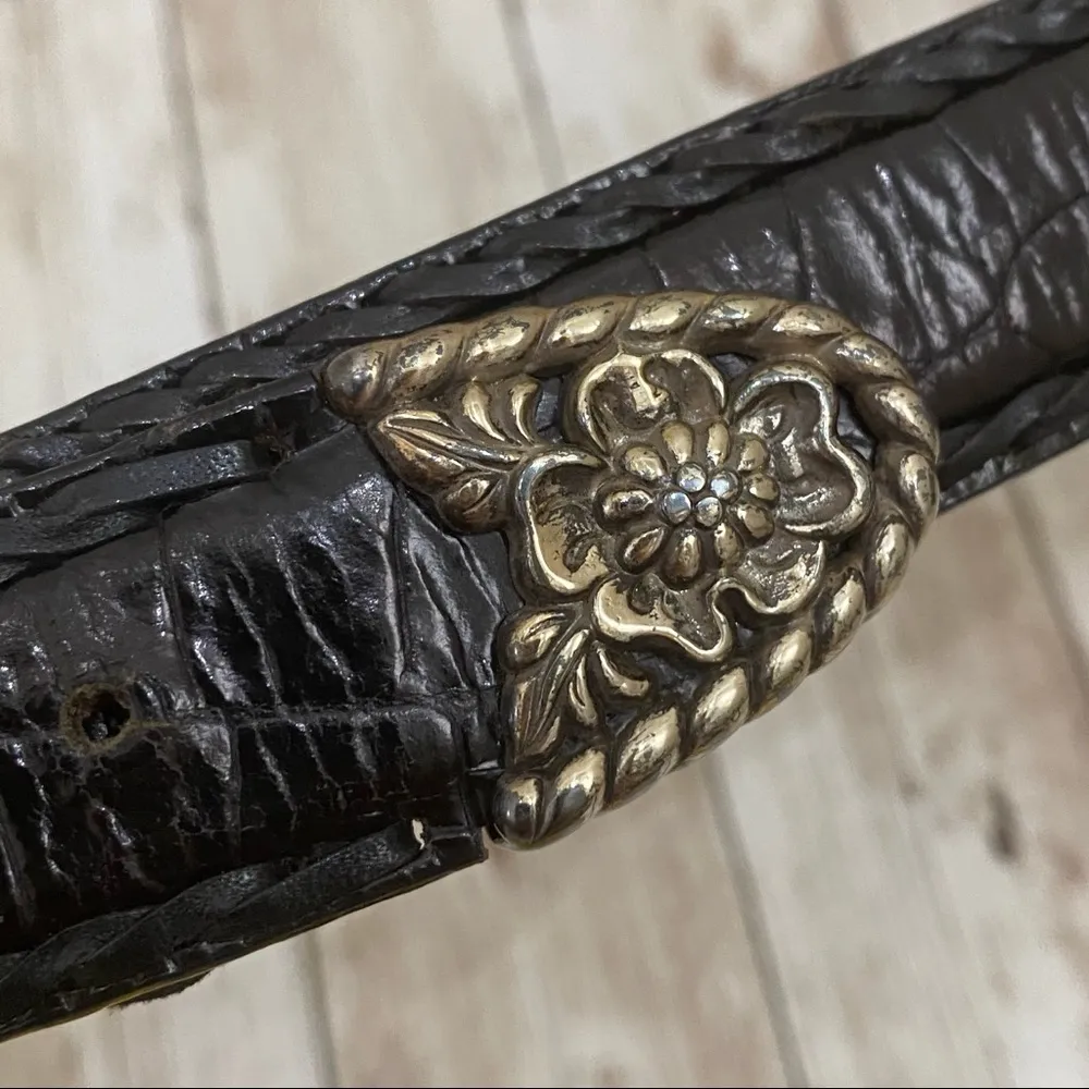 Black Croc Leather Floral Buckle Belt 32 - Image 4