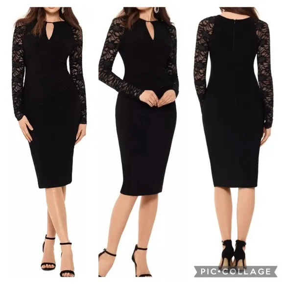 Betsy & Adam Dress Ruched Sequin Black Lace Long Sleeve 4 Cocktail Party LBD - Image 2