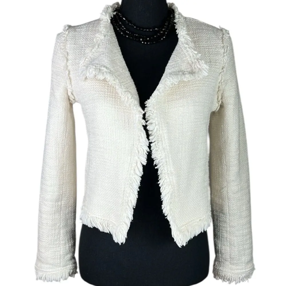Dalia Tweed White Cream Fringe Raw Hem Natural Woven Blazer Size XS - Image 8