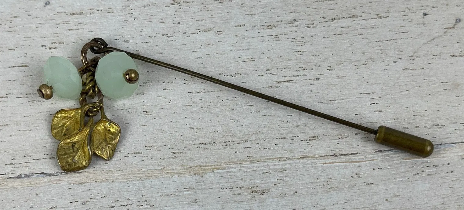 Brass Gold Tone Stick Pin Leaves Charm Mint Green Faceted Dangling Beads - Image 1