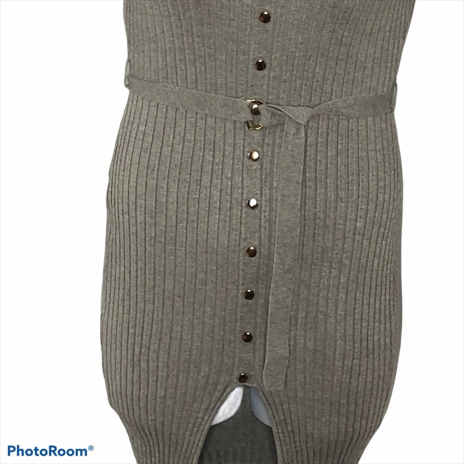 Hera Collection Grey Ribbed Bodycon Sweater Dress Faux Button Slit Size L - Image 13